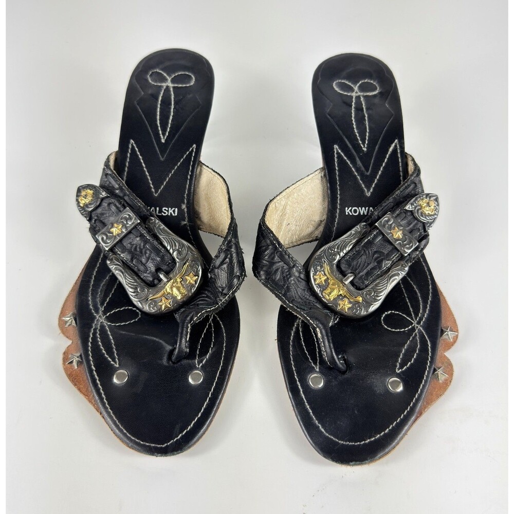 Kowalski Black Leather Studded Women's Western Thong Sandals US 6